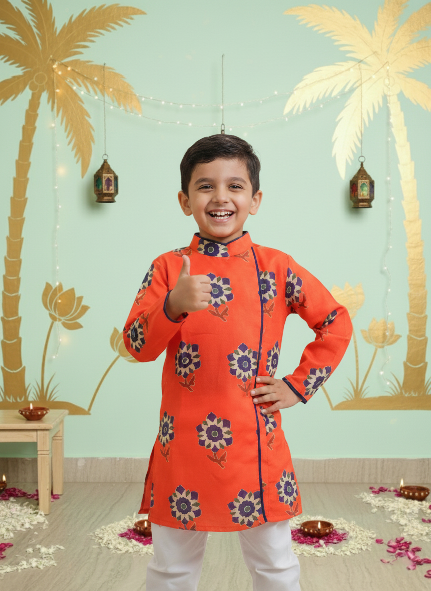 Tomato Red Floral Printed Kurta-Pyjama Set for Boys
