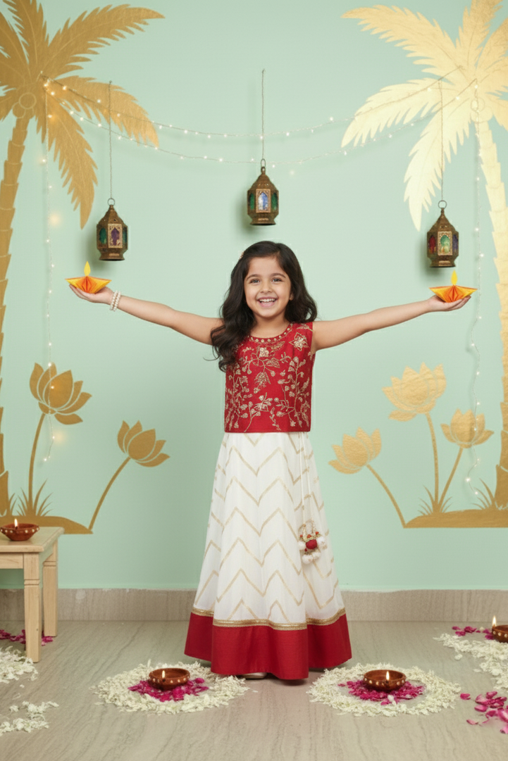 Ruby & Ivory Embroidered Top & Chevron Lehenga Set for Girls