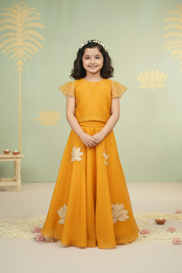 Kesar Pearl Top & Floral Skirt Set for Girls