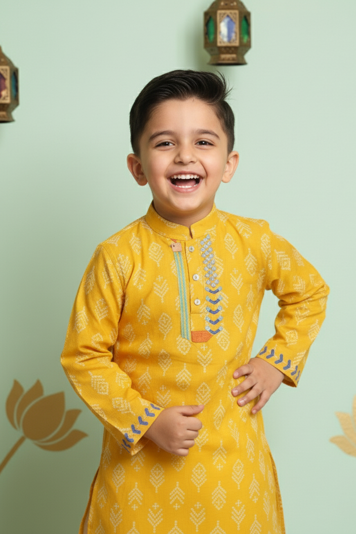Sunny Delight Yellow Printed Kurta with White Pyjama