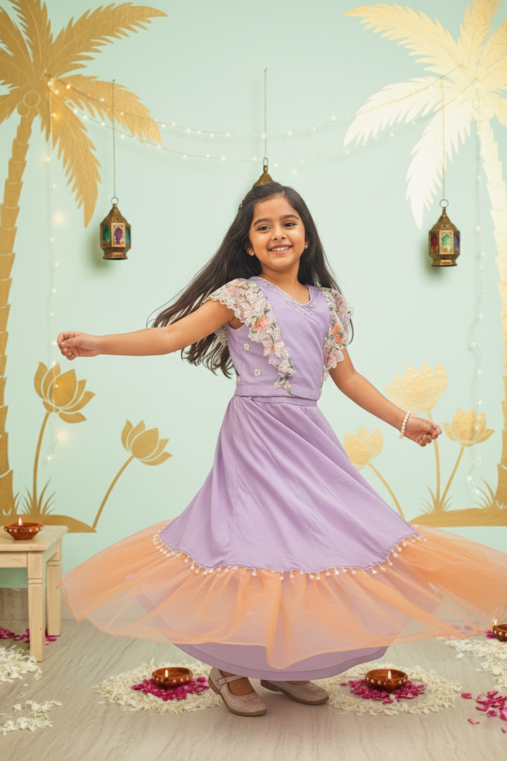 Lavender Butterfly Top & Peach Ruffle Skirt Set