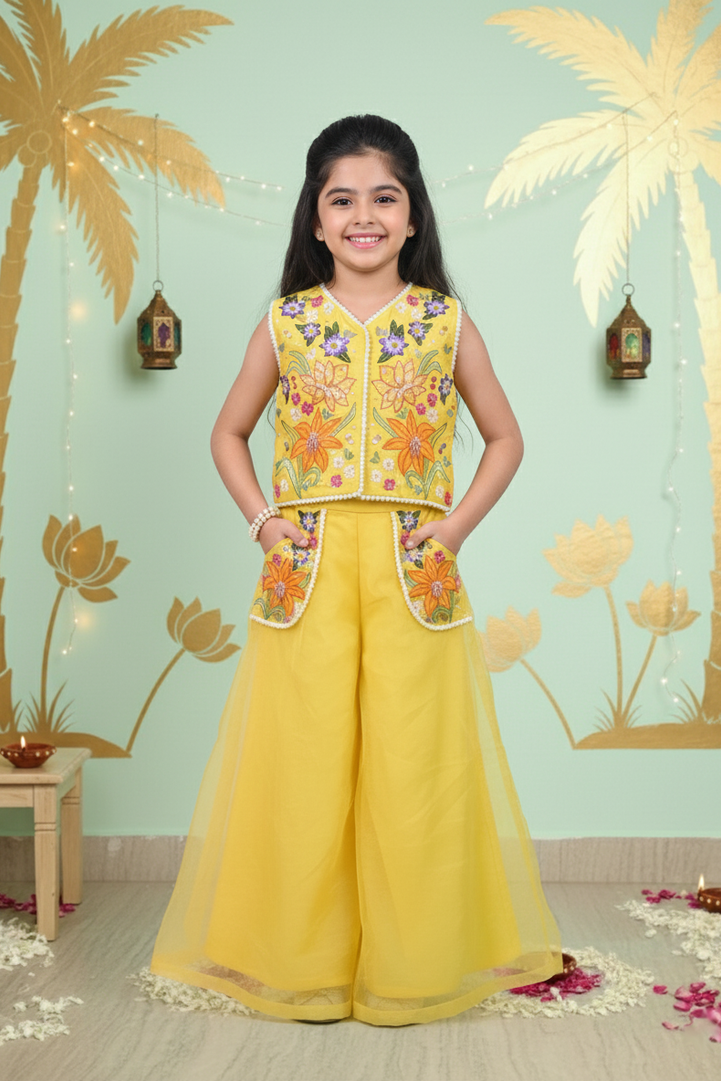 Yellow Vibrant Floral Embroidered Top & Palazzo Set for Girls
