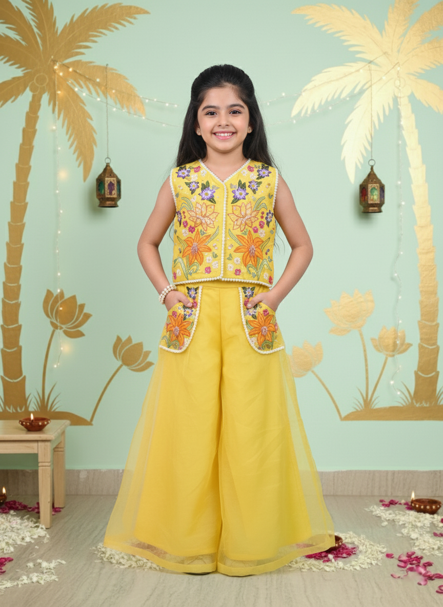 Yellow Vibrant Floral Embroidered Top & Palazzo Set for Girls