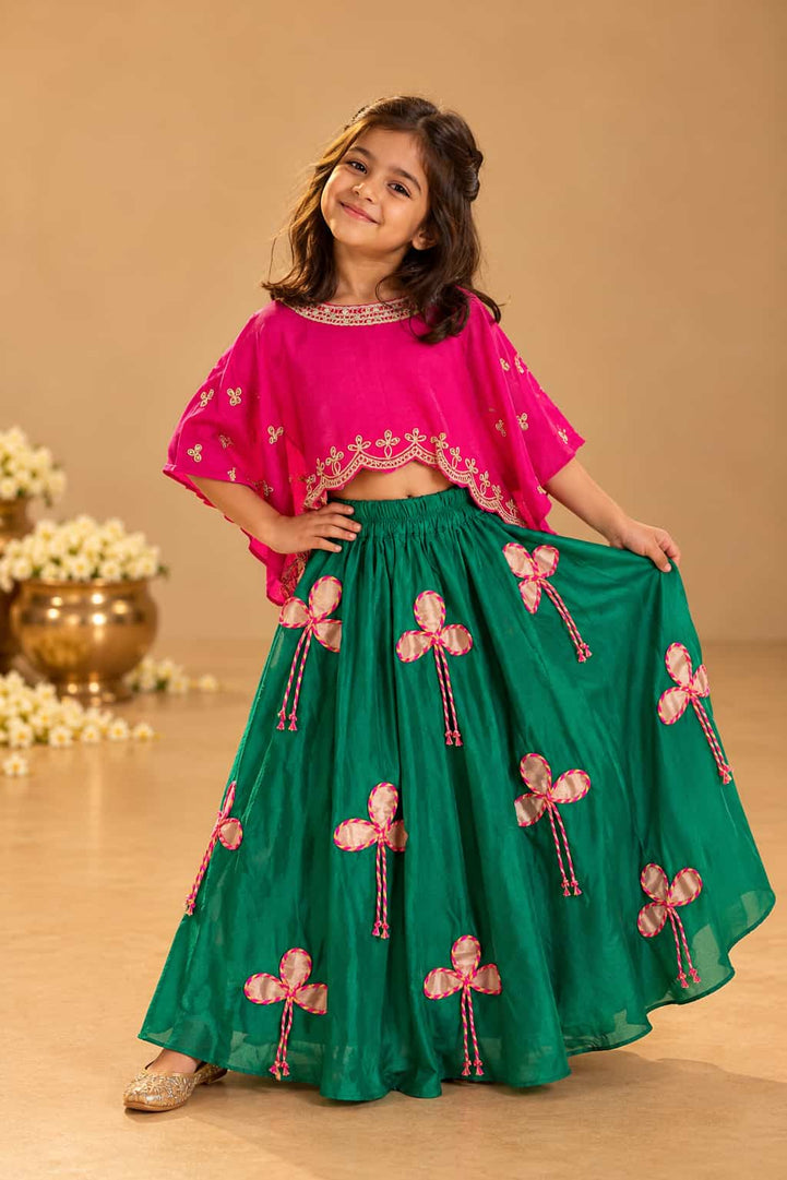 Peony — Kaftan Crop Top & Clover Appliqué Lehenga Set in Pink and Green