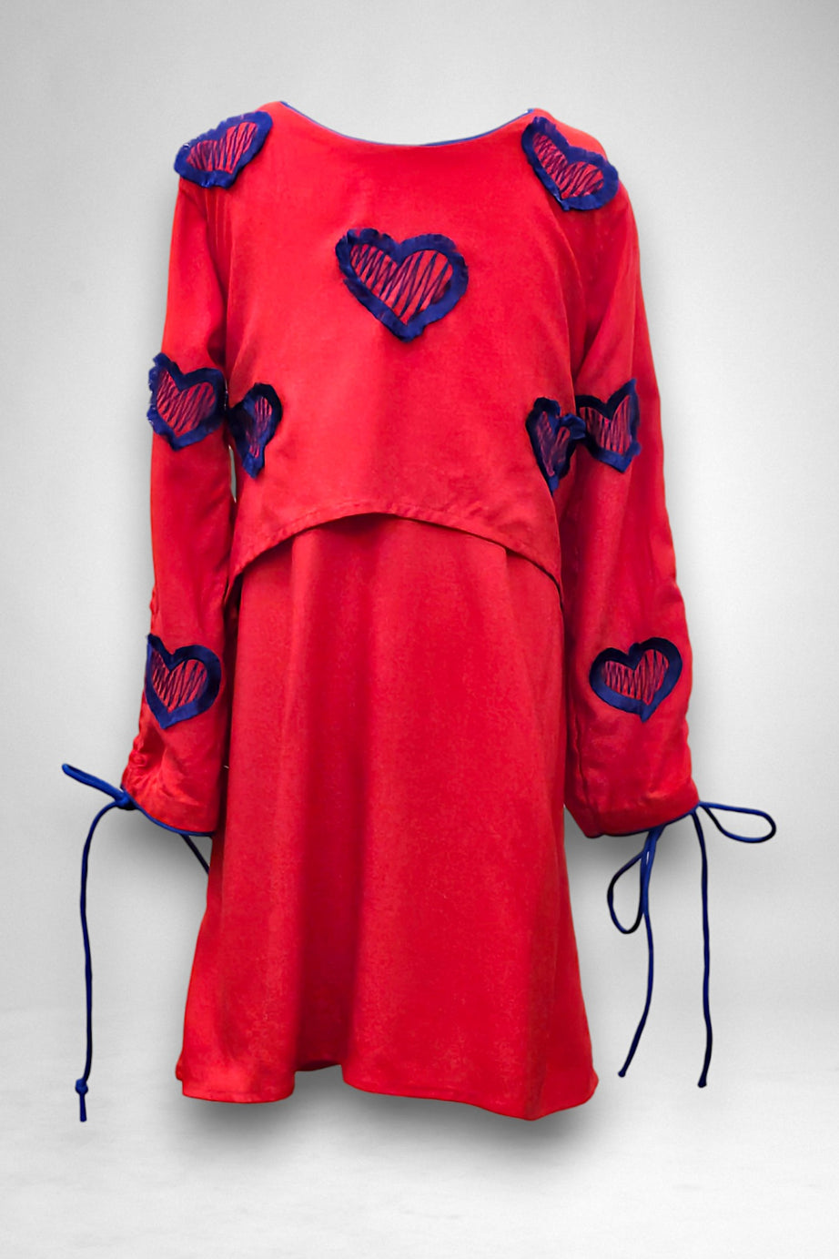 Red Two-Layer Dress with Intricate Blue Threadwork Hearts