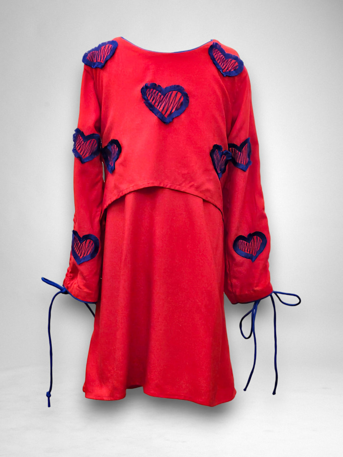 Red Two-Layer Dress with Intricate Blue Threadwork Hearts