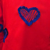Red Two-Layer Dress with Intricate Blue Threadwork Hearts