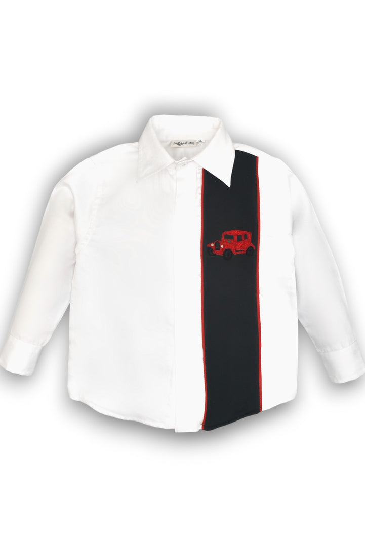 Red Vintage Car Embroidered Shirt with Bottle Green Panel