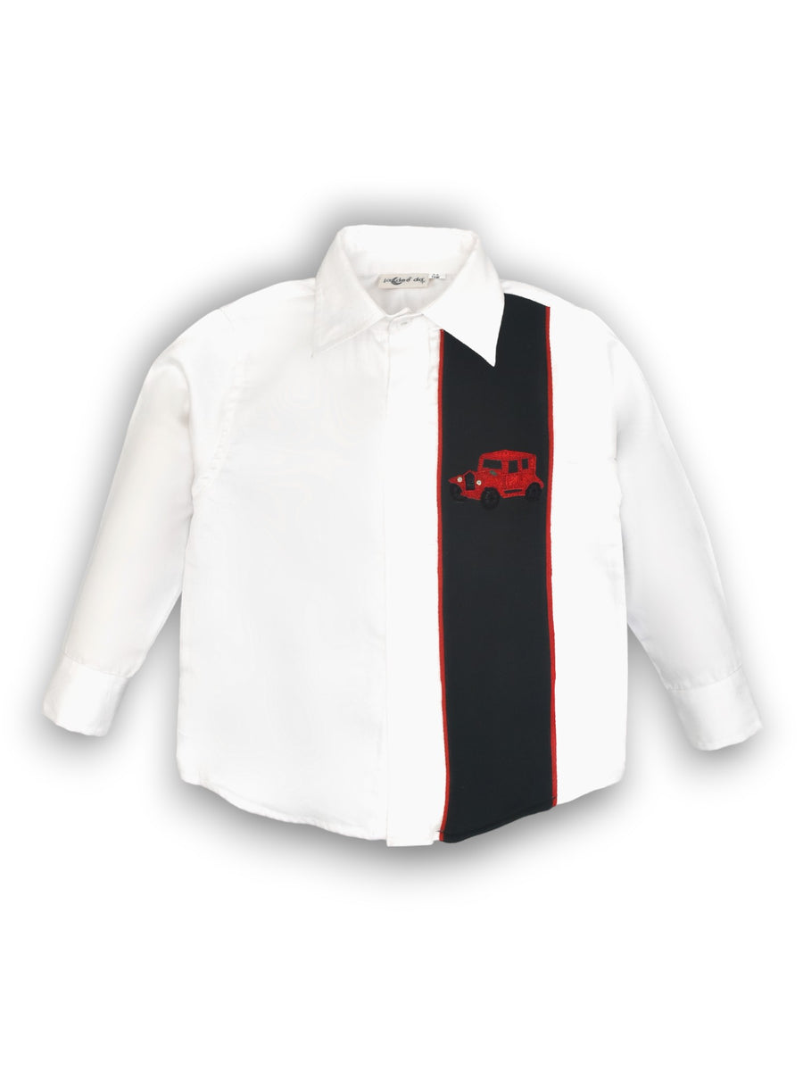 Red Vintage Car Embroidered Shirt with Bottle Green Panel