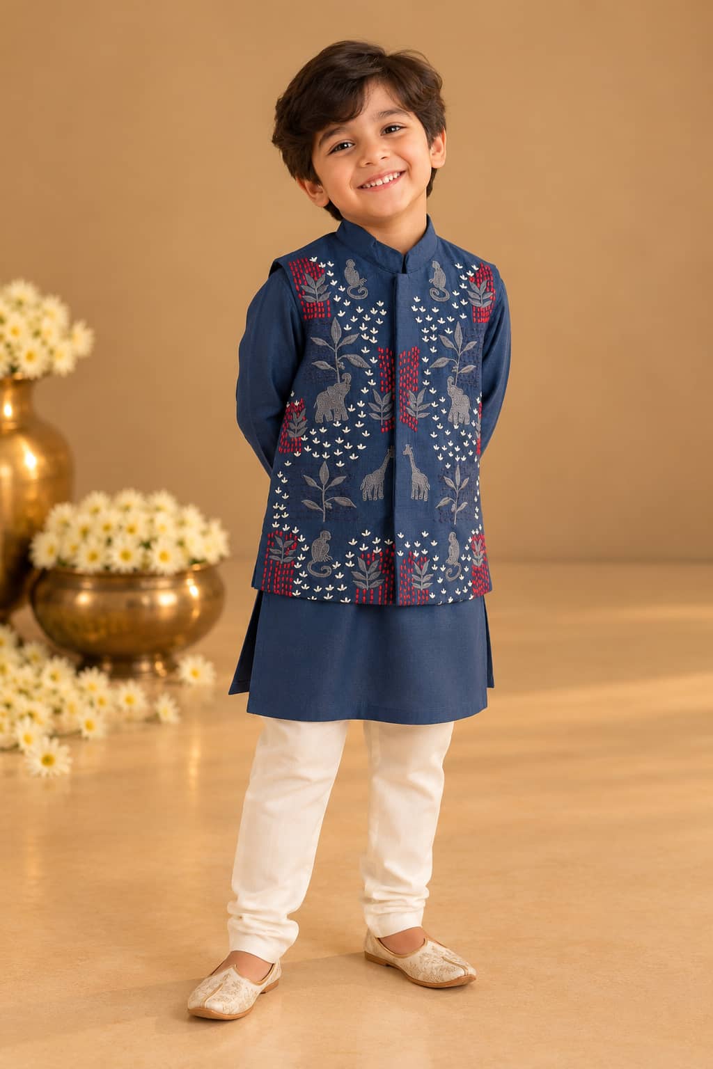 Ranthambore — Animal Embroidered Nehru Jacket Set in Indigo Blue
