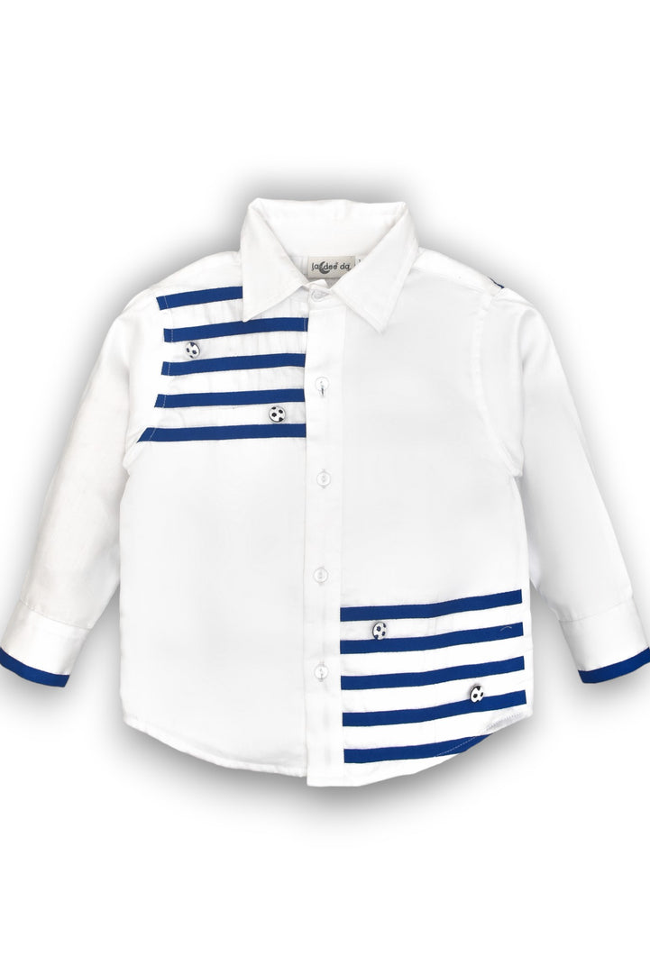 Classic White Shirt with Stylish Blue Ribbon Stripes and Football Embellishment