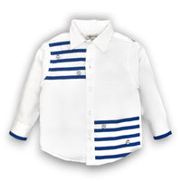 Classic White Shirt with Stylish Blue Ribbon Stripes and Football Embellishment