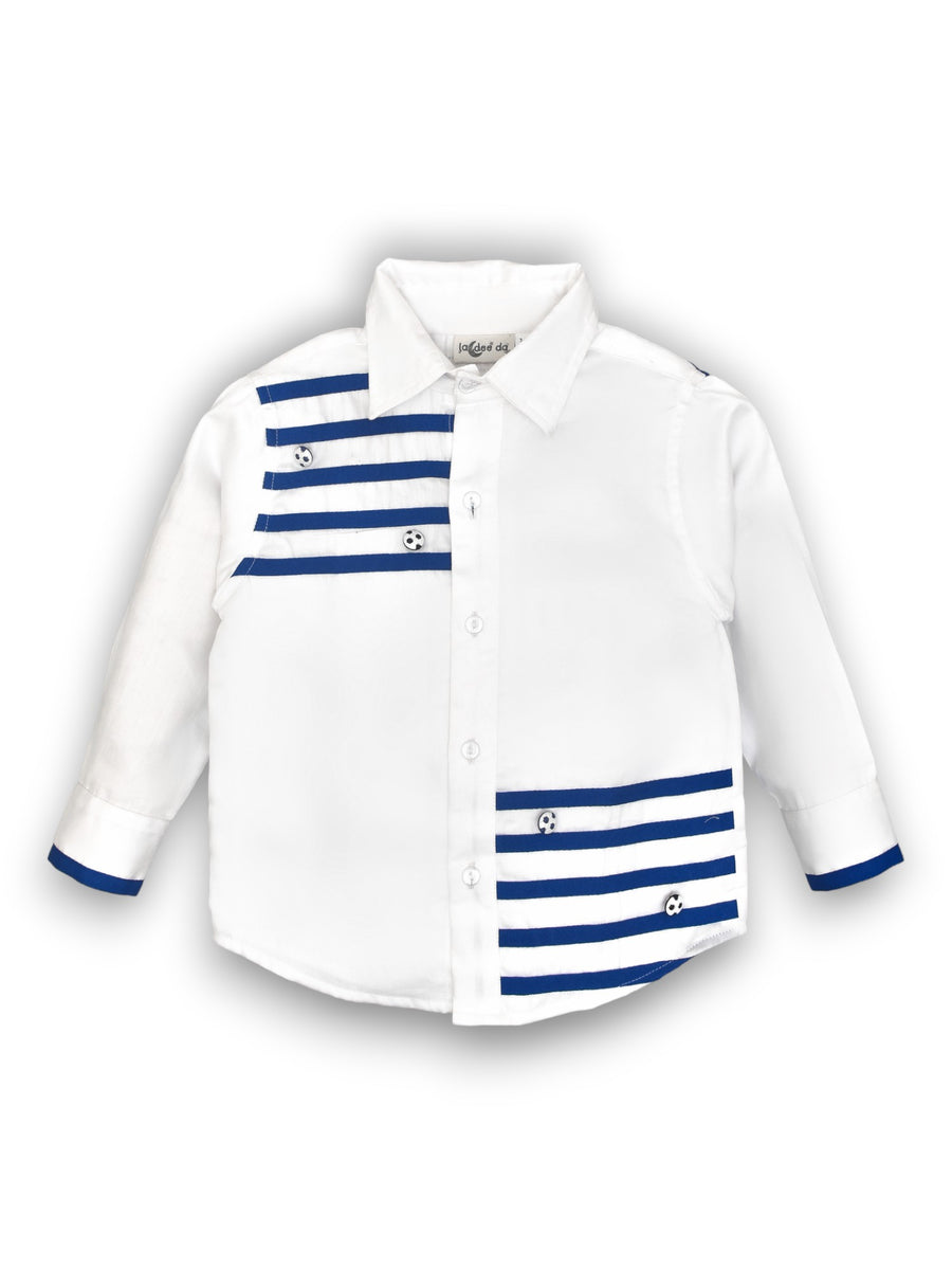 Classic White Shirt with Stylish Blue Ribbon Stripes and Football Embellishment
