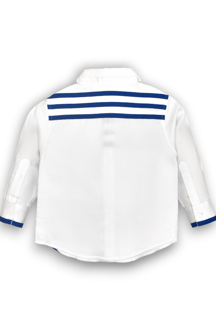 Classic White Shirt with Stylish Blue Ribbon Stripes and Football Embellishment