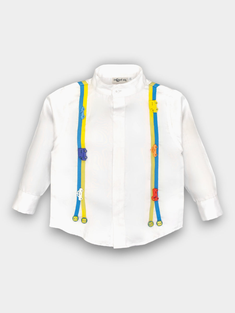 White Gallas Shirt Elevated with Multicoloured Car Embellishments
