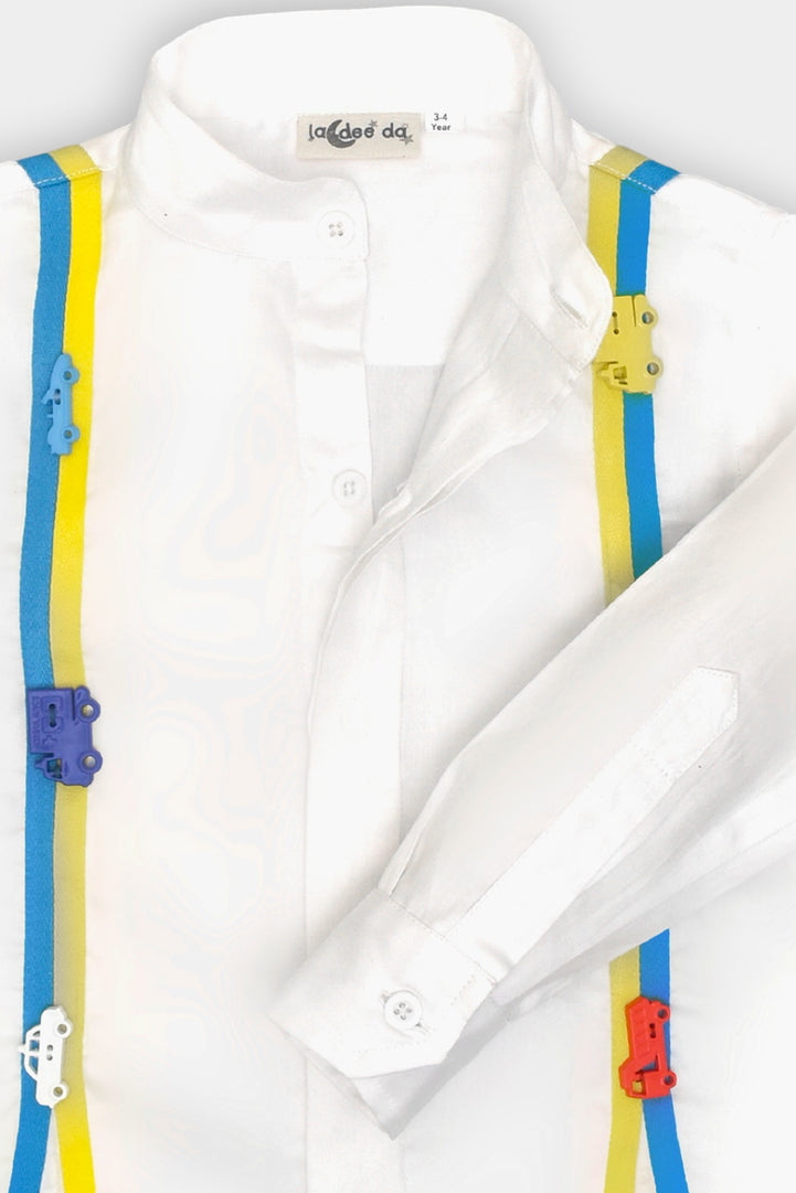 White Gallas Shirt Elevated with Multicoloured Car Embellishments