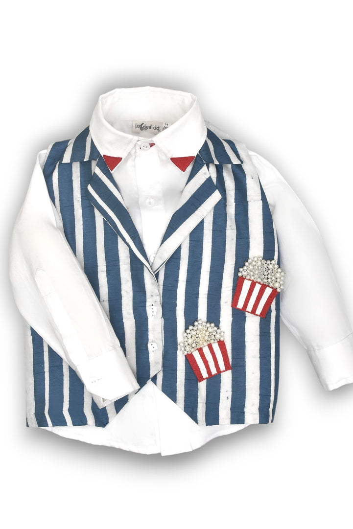 Classic White Shirt & Playful Sleeveless Popcorn Jacket Set