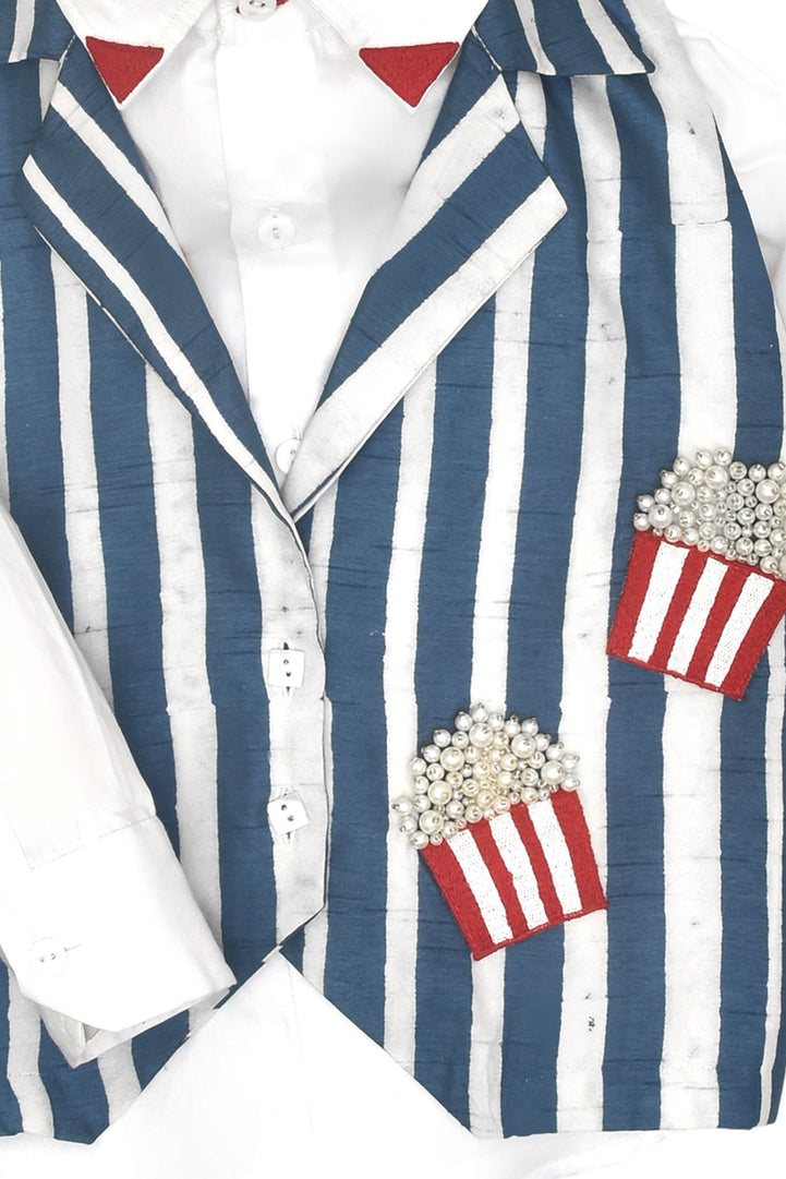 Classic White Shirt & Playful Sleeveless Popcorn Jacket Set