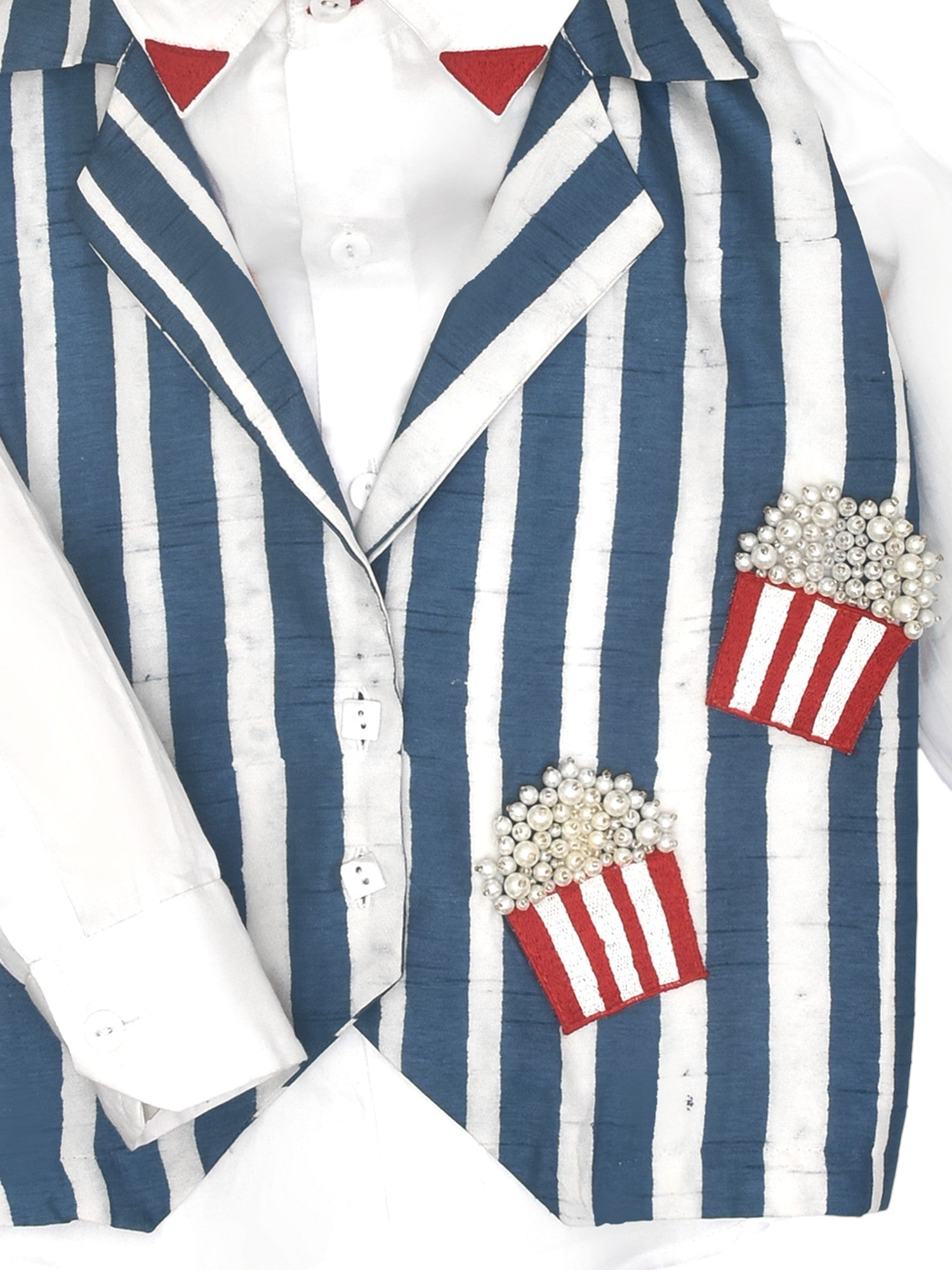 Classic White Shirt & Playful Sleeveless Popcorn Jacket Set