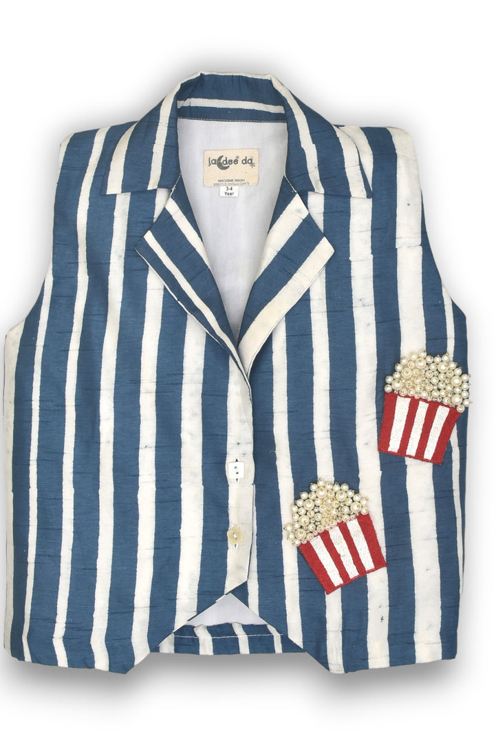 Classic White Shirt & Playful Sleeveless Popcorn Jacket Set