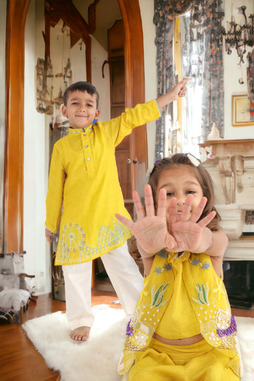 Twinning Set in Attached Yellow Jacket Top with Threadwork and Sequence Embroidery and Yellow Pants with Carnival Scene Embroidered Kurta and Pyjama