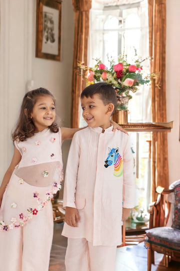 Twinning Set in Pink Organza Cape with Cutwork Flowers and Pants with Zebra Embroidered Kurta and Pyjama