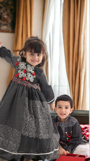 Twinning in Black Silk Printed Anarkali and Kurta Pyjama Set with Embroidery