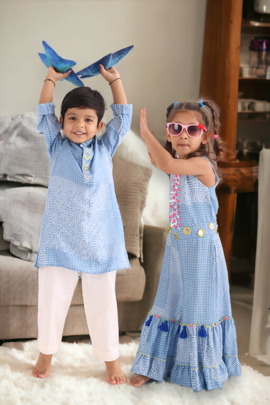 Twinning Set in Blue Printed Silk with Sequence Hand Embroidery