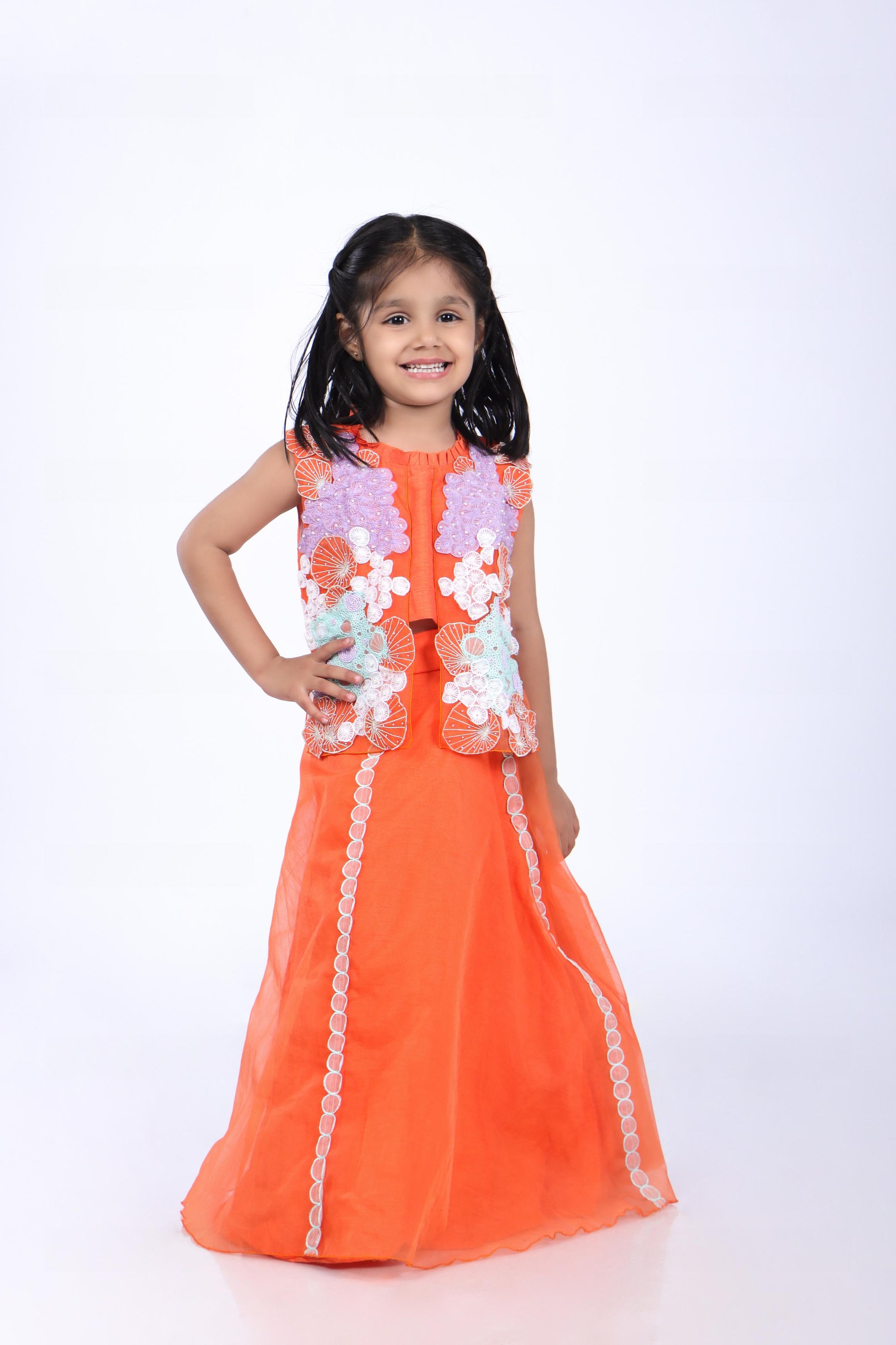 Orange Lehenga and Jacket Style Top with Coral Embroidery