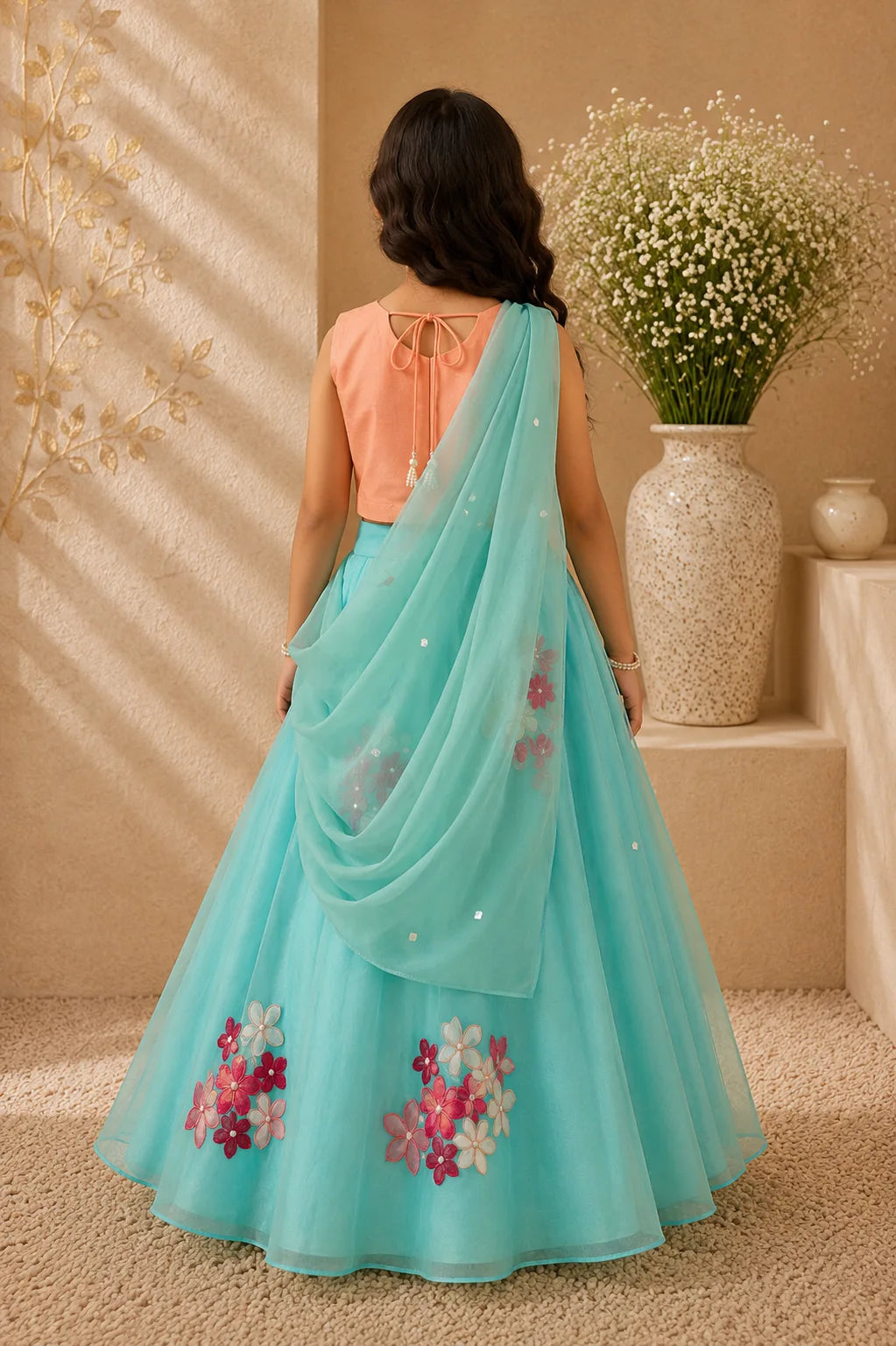 Sakura — Pearl Embroidered Blouse & Floral Lehenga Set in Peach & Light Blue
