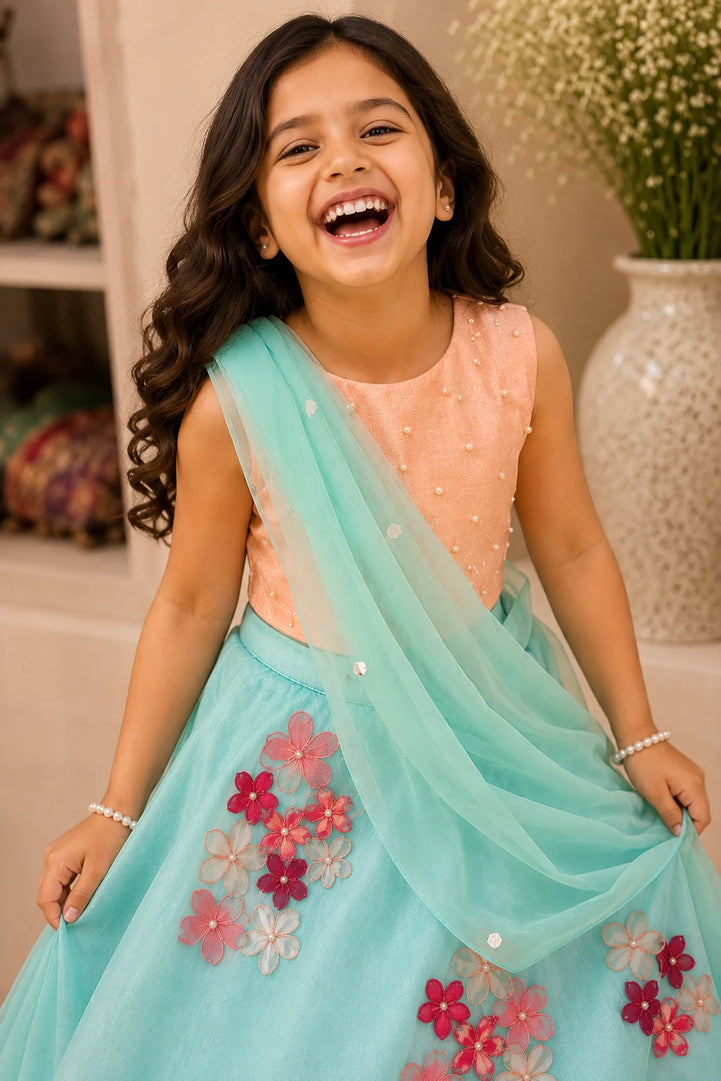 Sakura — Pearl Embroidered Blouse & Floral Lehenga Set in Peach & Light Blue