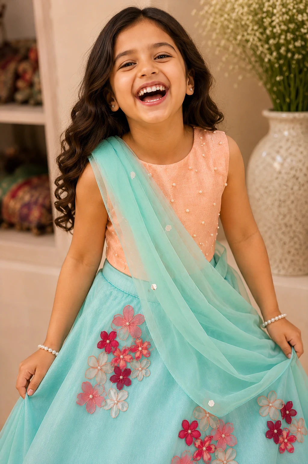 Sakura — Pearl Embroidered Blouse & Floral Lehenga Set in Peach & Light Blue