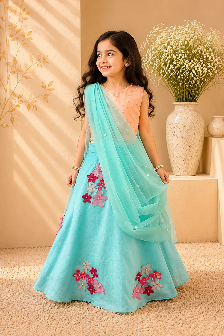Sakura — Pearl Embroidered Blouse & Floral Lehenga Set in Peach & Light Blue