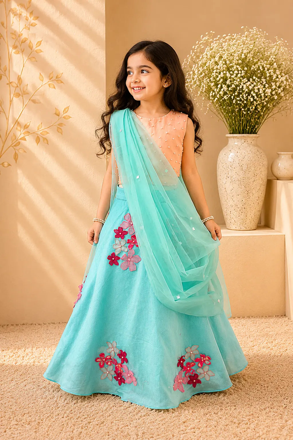 Sakura — Pearl Embroidered Blouse & Floral Lehenga Set in Peach & Light Blue