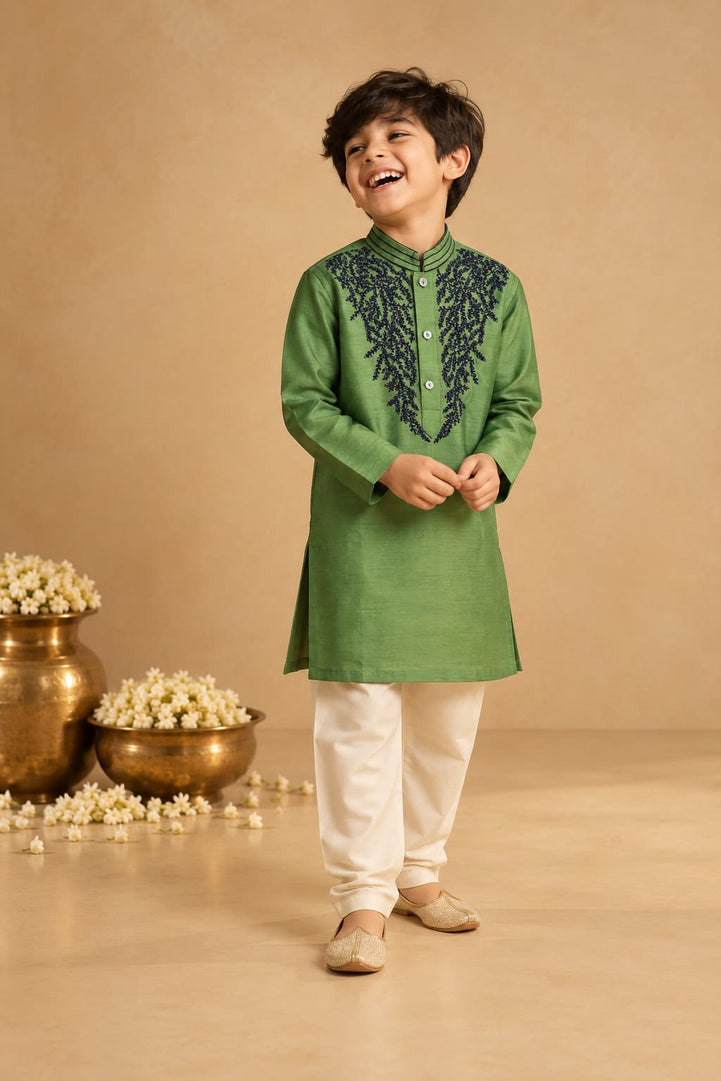 Juniper — Vine Embroidered Kurta & Pajama Set in Green