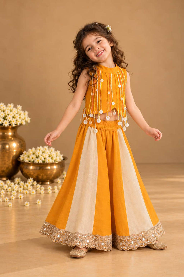 Genda — Braided Tassel Crop Top & Palazzo Set in Marigold orange