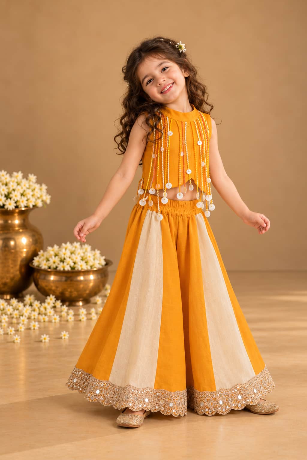 Genda — Braided Tassel Crop Top & Palazzo Set in Marigold orange