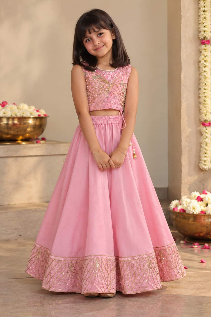 Rosalie — Zari Embroidered Blouse & Lehenga Set in Blush Pink