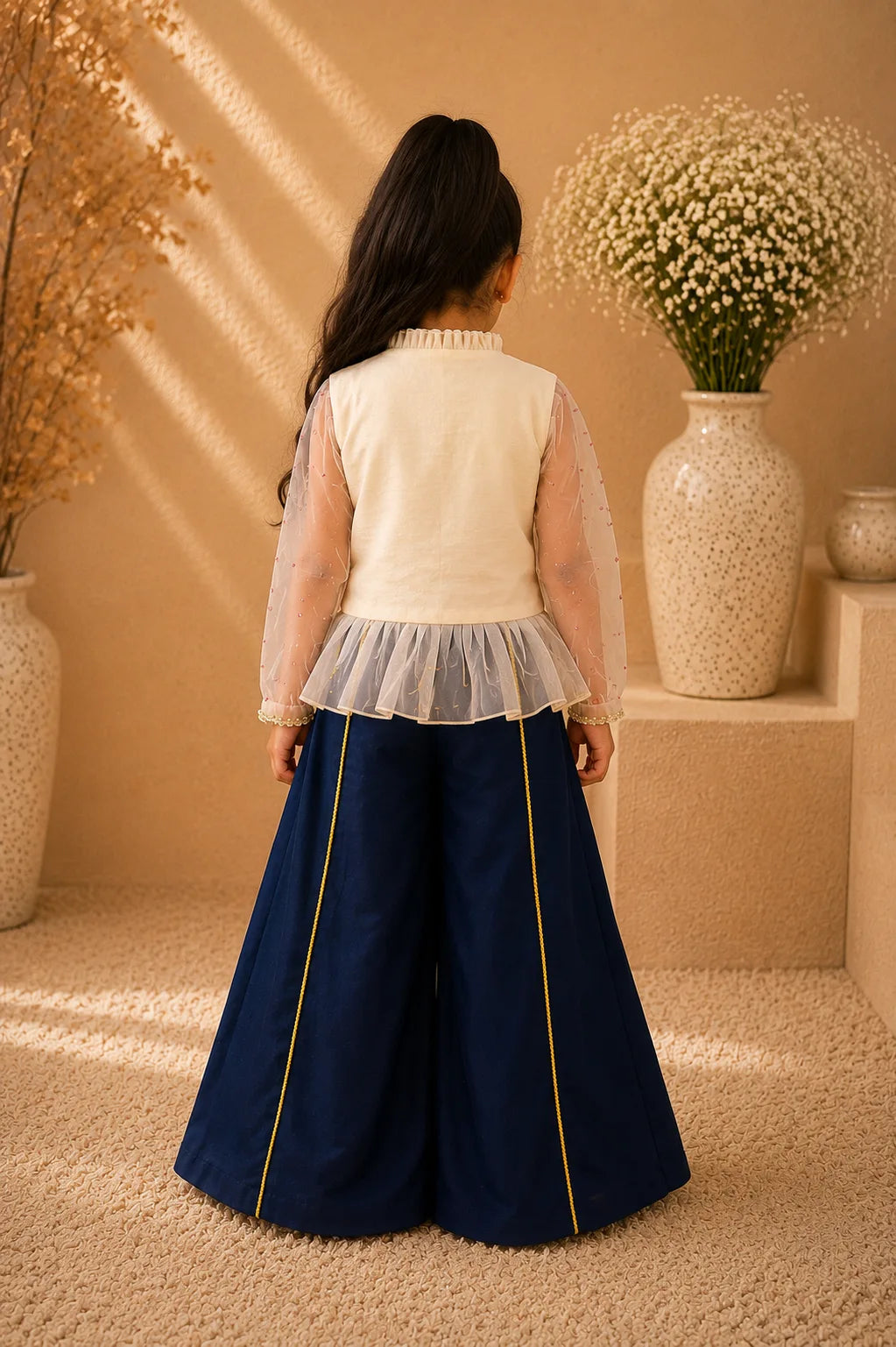 Dahlia — Embroidered Top & Palazzo Set in Ivory & Navy