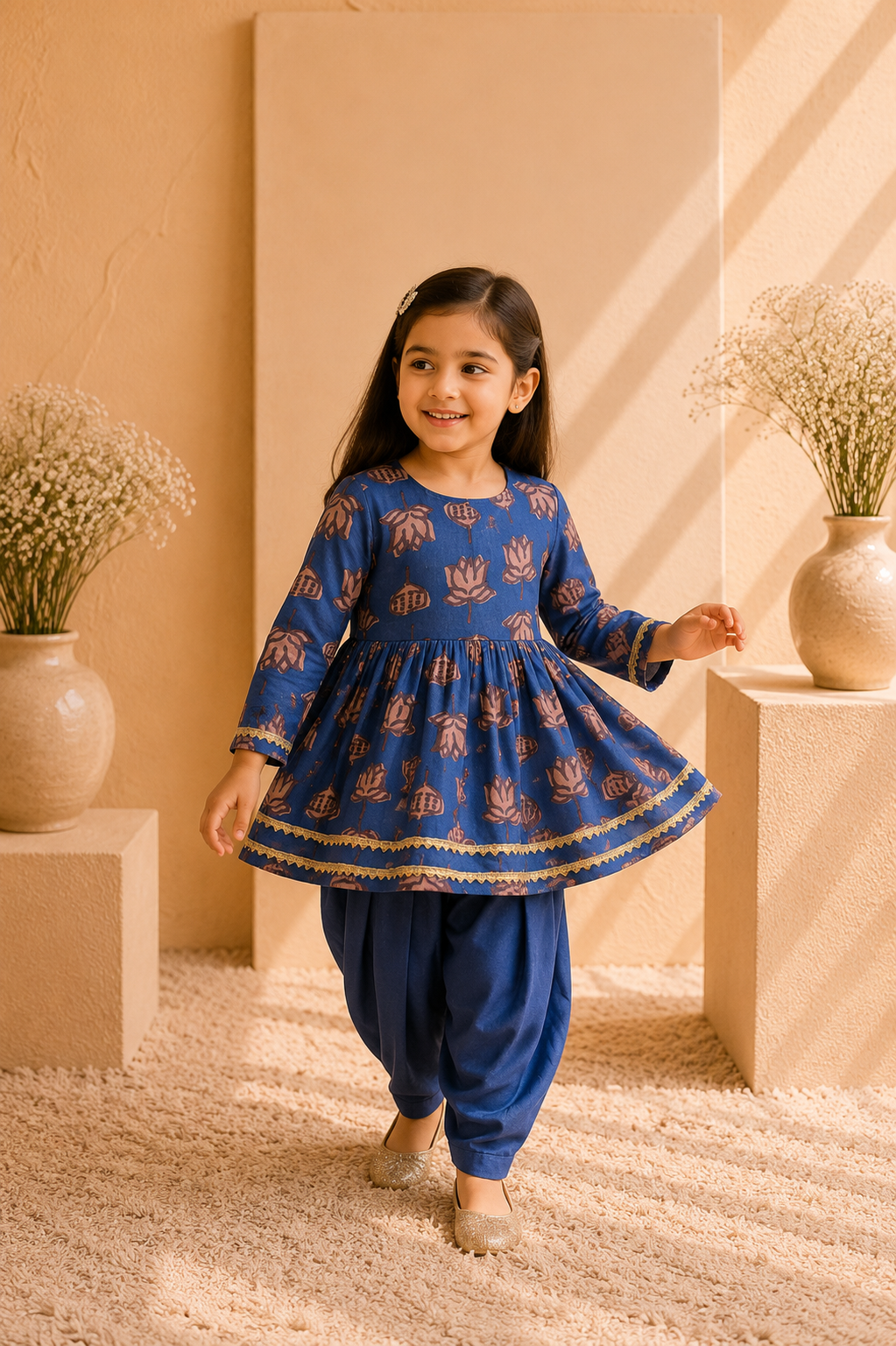 Printed Kurta and Patiala Set in Indigo