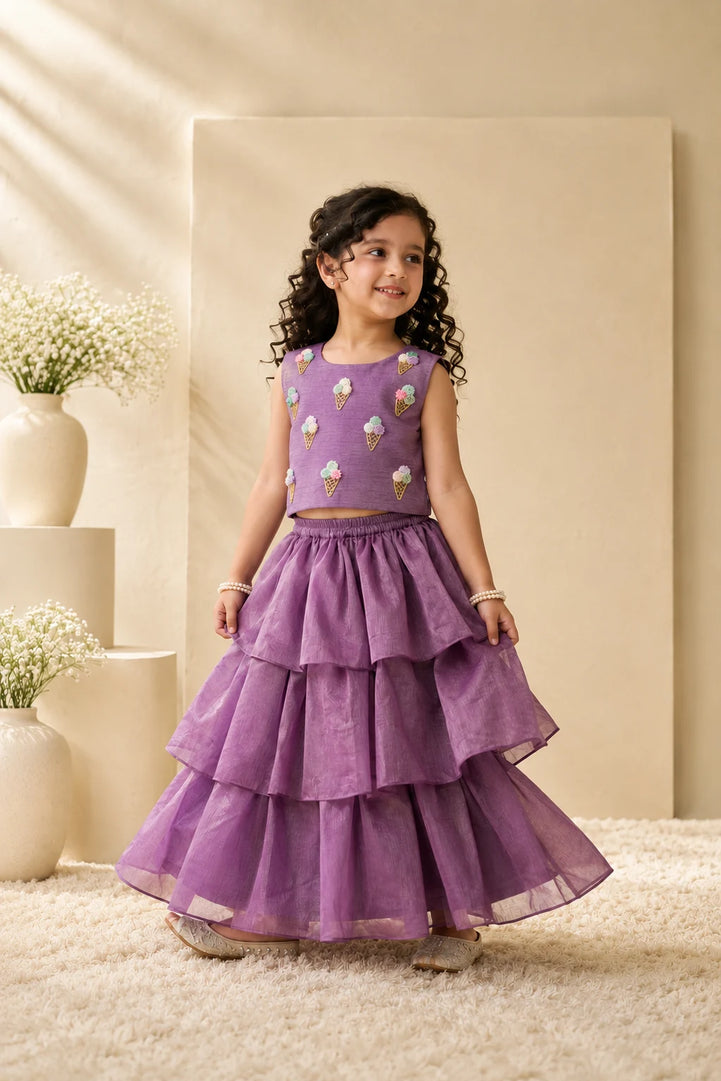 Tutti Frutti — Ice Cream Embroidered Blouse & Lehenga Set in Purple