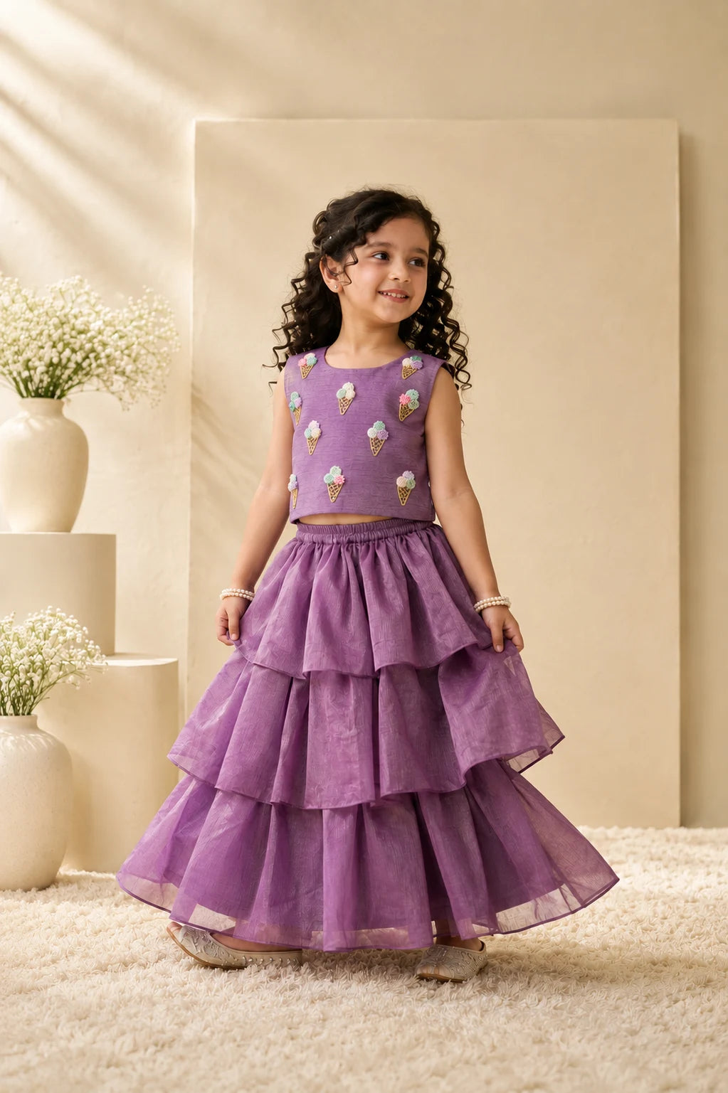 Tutti Frutti — Ice Cream Embroidered Blouse & Lehenga Set in Purple