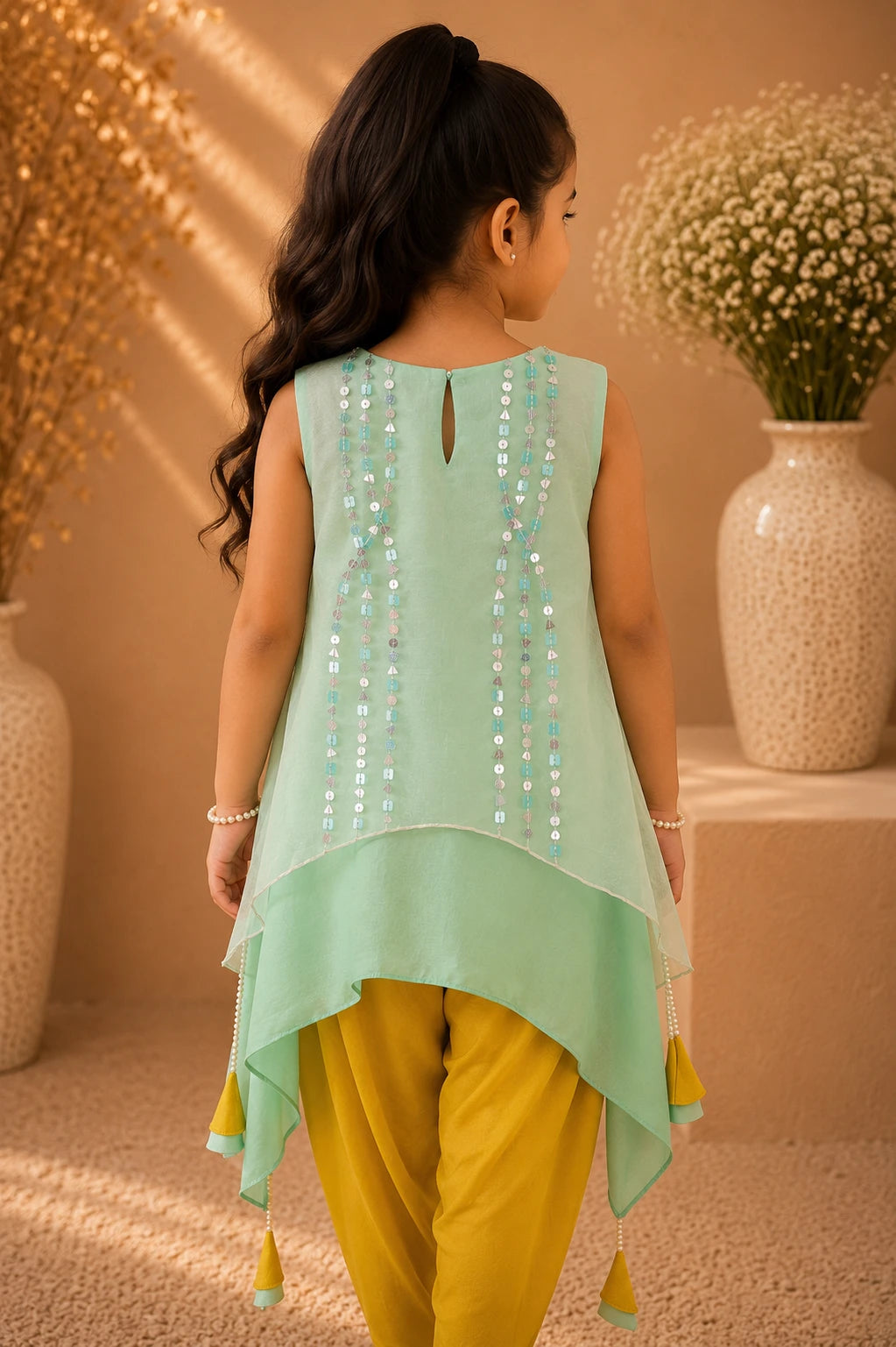 Confetti — Sequin Embroidered Top & Dhoti Pants Set in Mint & Mustard