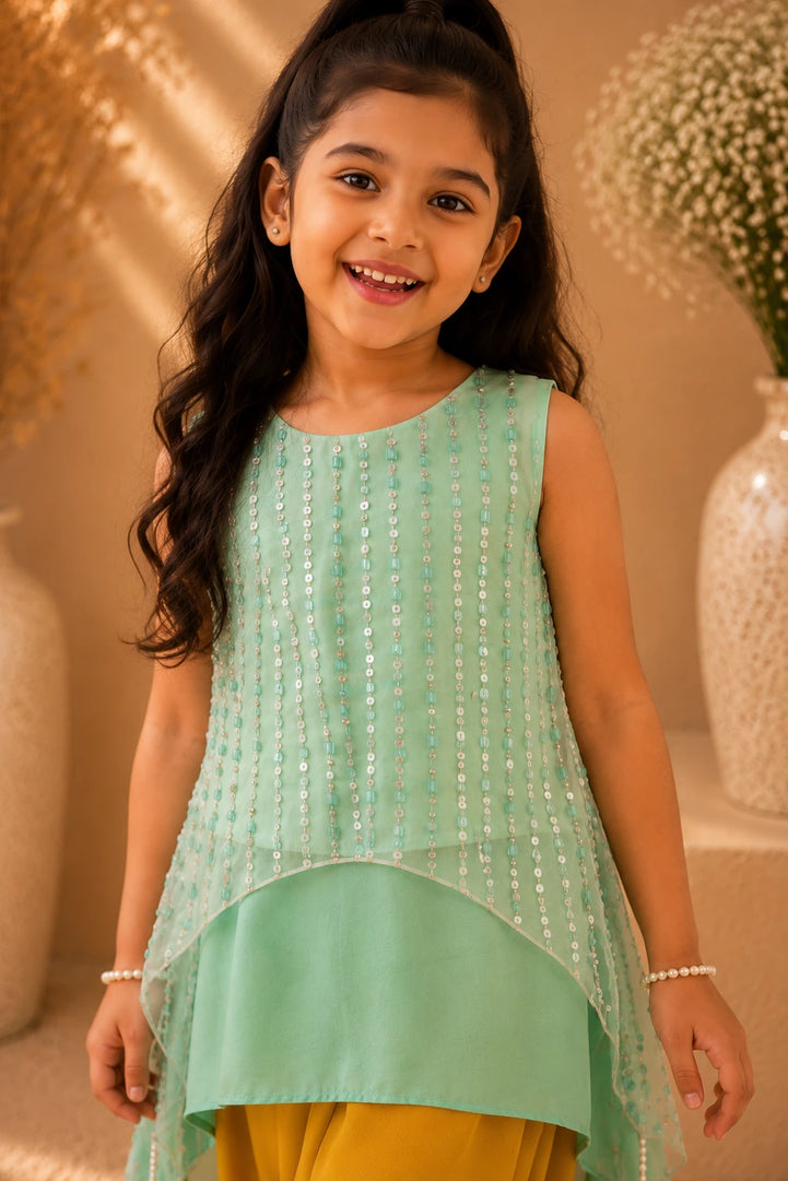 Confetti — Sequin Embroidered Top & Dhoti Pants Set in Mint & Mustard