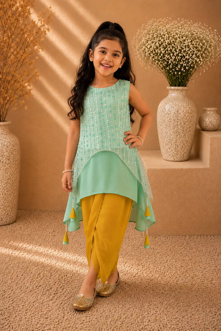 Confetti — Sequin Embroidered Top & Dhoti Pants Set in Mint & Mustard