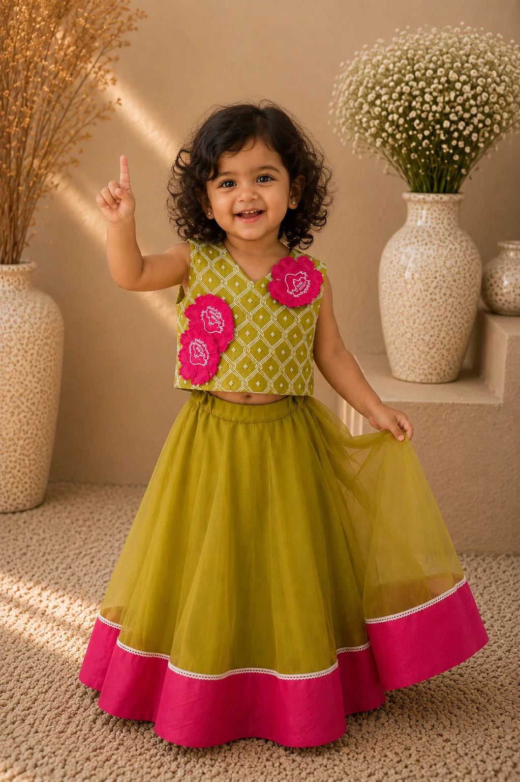 Pista — Embroidered Blouse & Lehenga Set in Olive & Rani Pink