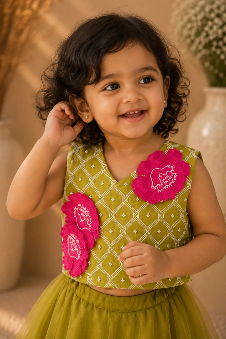 Pista — Embroidered Blouse & Lehenga Set in Olive & Rani Pink