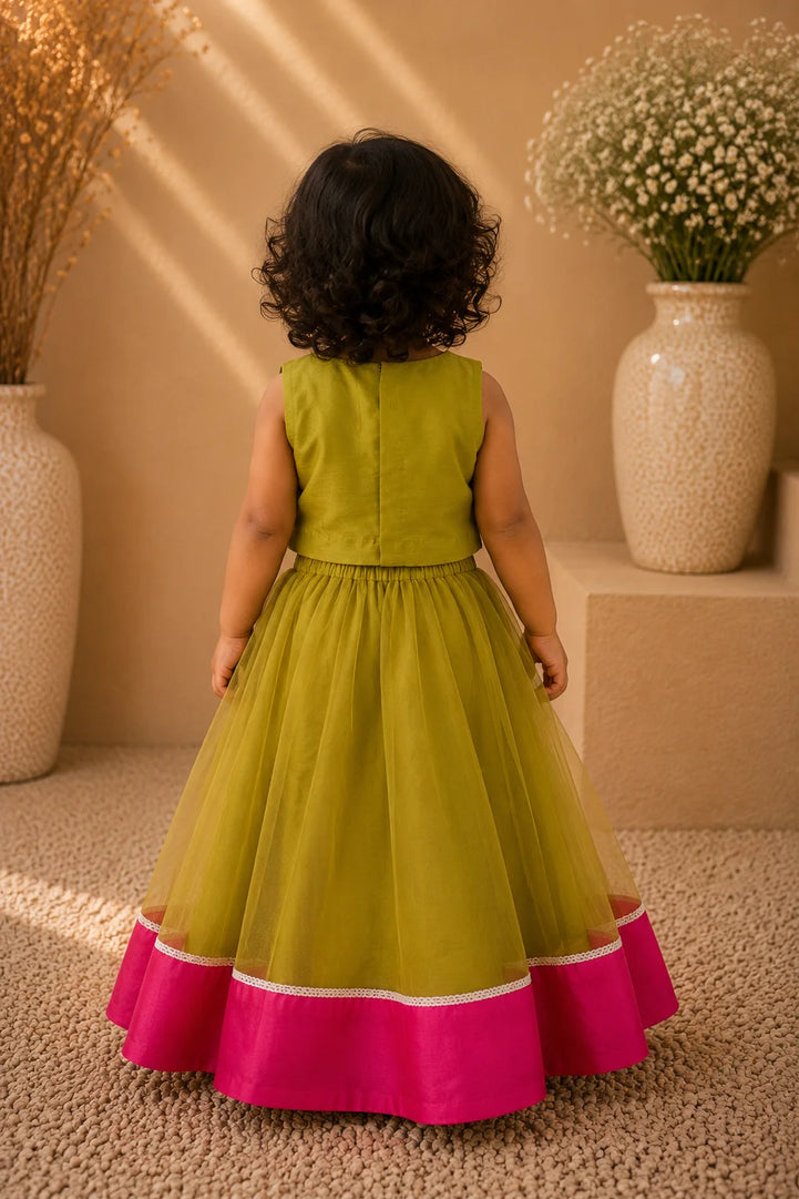Pista — Embroidered Blouse & Lehenga Set in Olive & Rani Pink