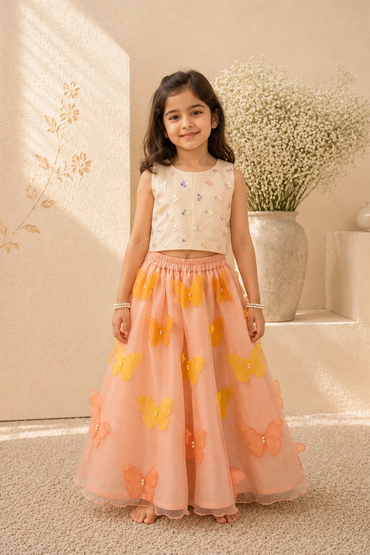Flutterby — Sequin Crop Top & 3D Butterfly Lehenga in Ivory & Blush