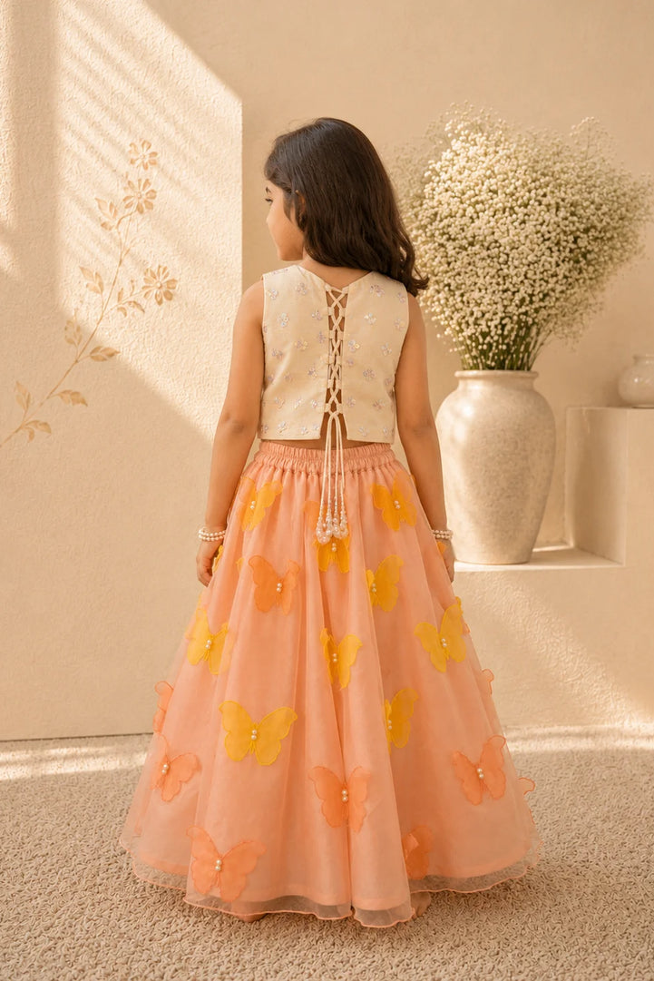 Flutterby — Sequin Crop Top & 3D Butterfly Lehenga in Ivory & Blush